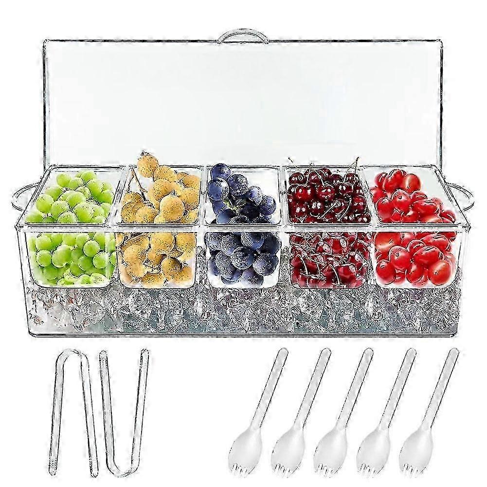 5-Compartment Chilled Garnish Server, Stackable Clear Ice Cooling Buffet Tray with Removable Containers and Serving Accessories