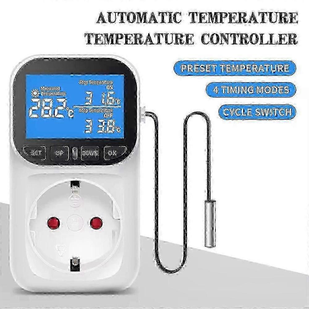 Digital Temperature Controller Socket, Thermostat with Time Sensor Probe, 16A EU Plug