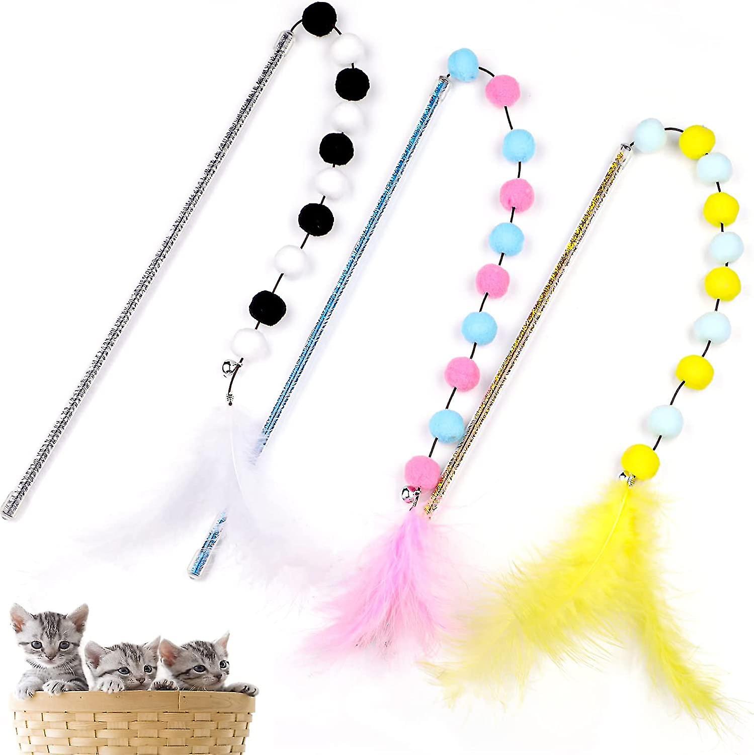 Cat Wand Toy, 3pcs Colourful Cat Feather Toys With Bell And Plush Balls,interactive Cat Toys For Pet Playing, Exercising And Training
