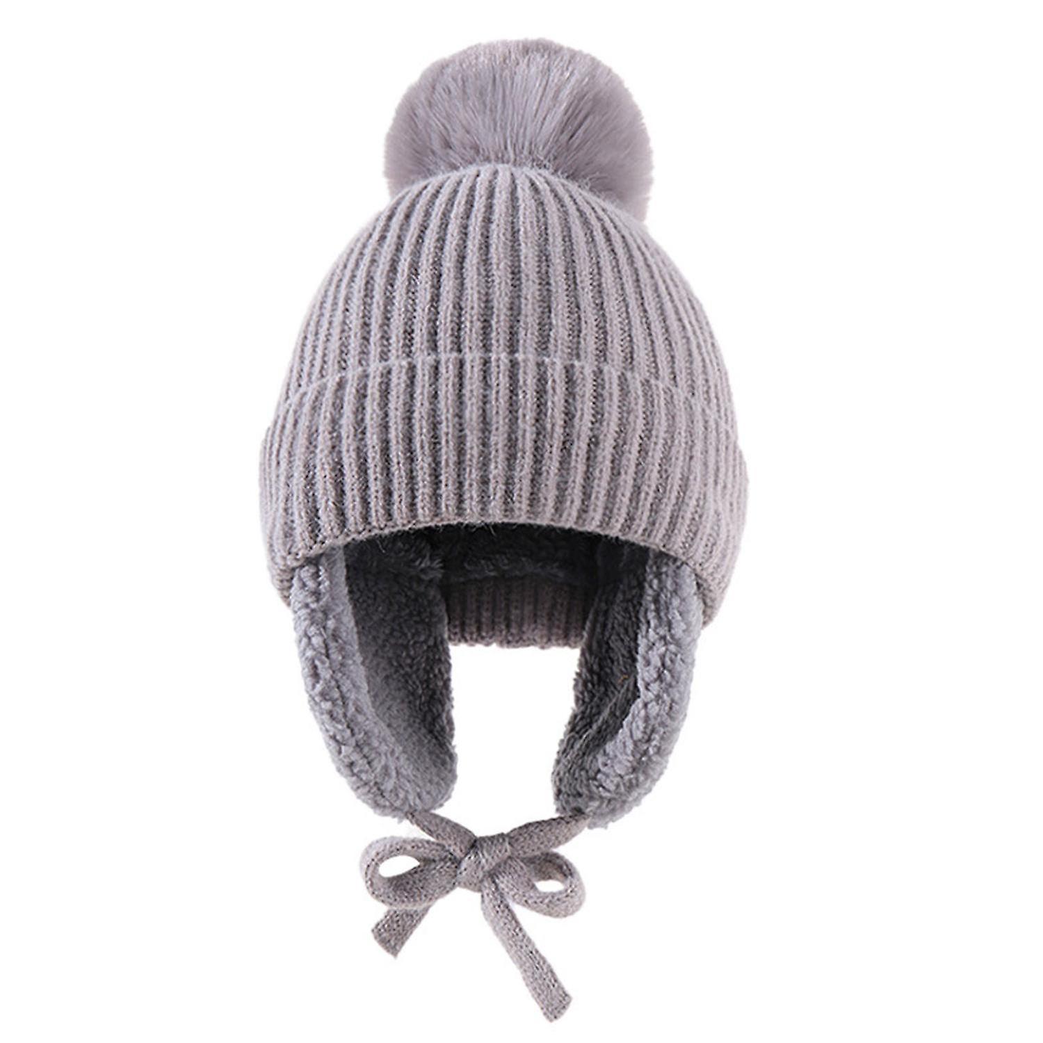 Children Winter Hat Thick Solid Color Head Ear Protection Plush Ball Decor Lace Up Windproof Elastic