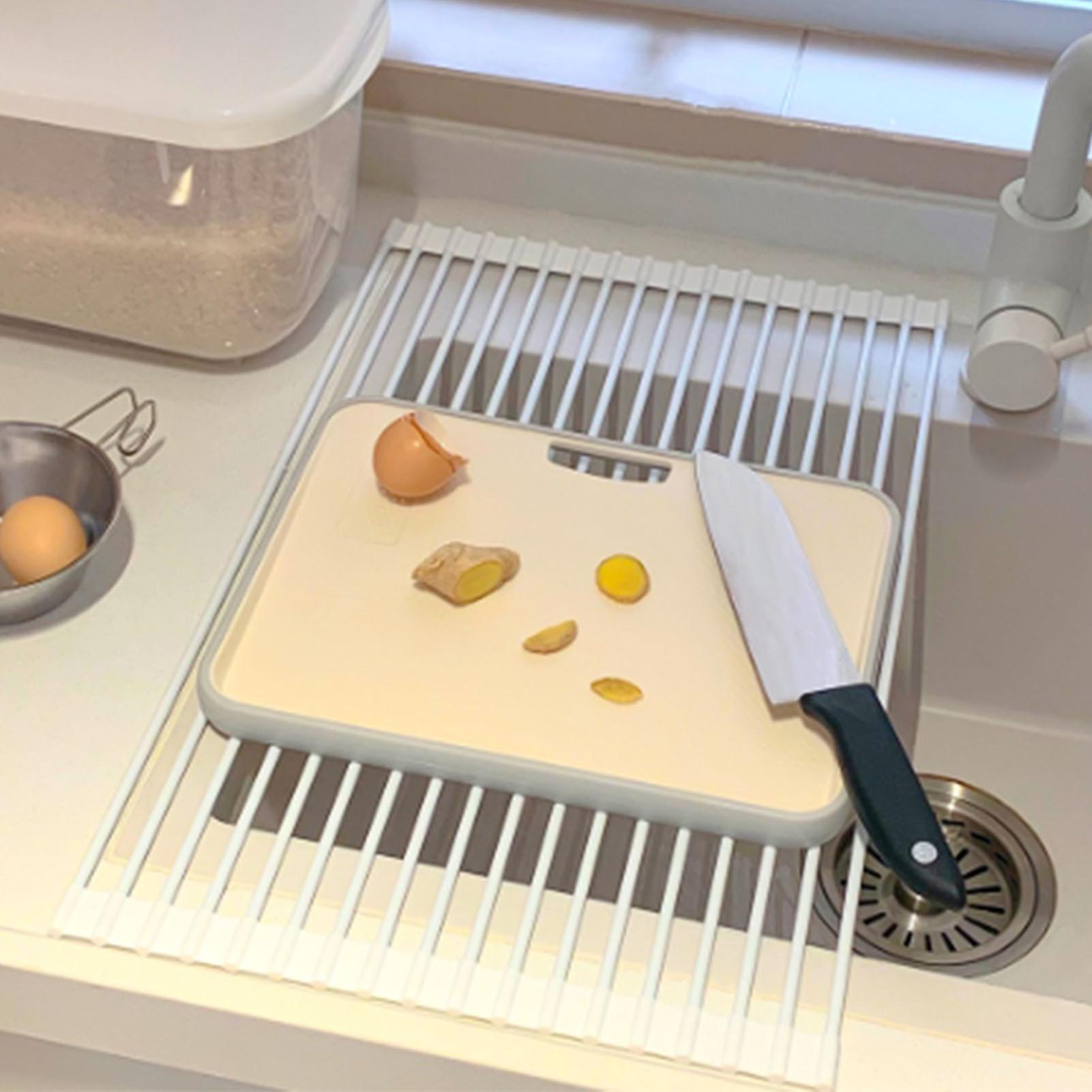 Roll Up Dish Drying Rack Stainless Steel Silicone Foldable Multipurpose Over Sink Drain Rack for Kitchen Counter 