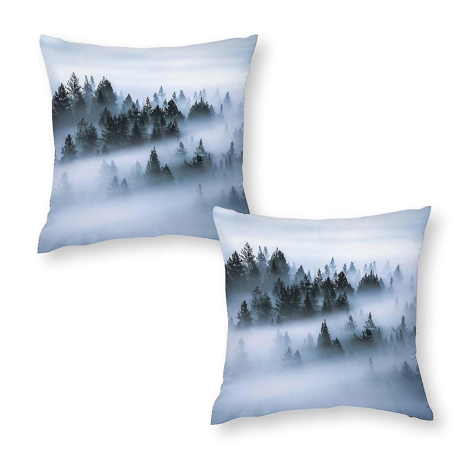 Photo of pine tree covered with fog print pillowcase