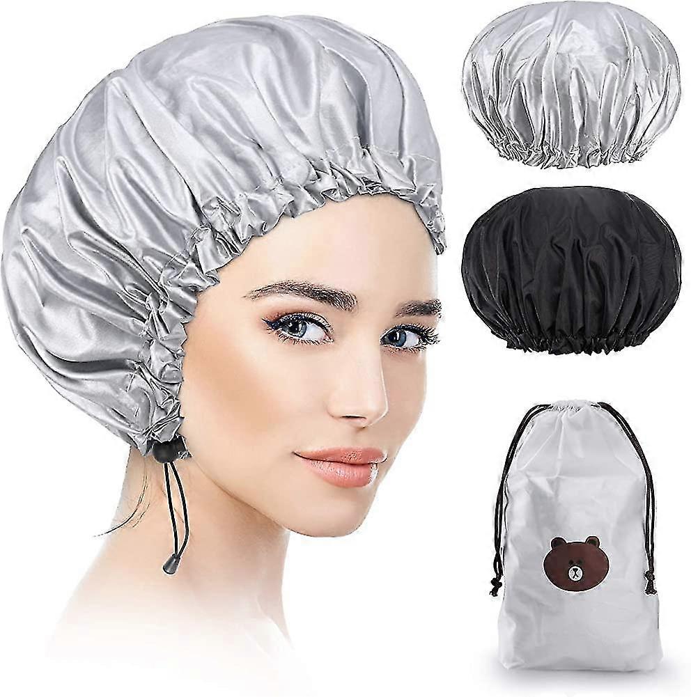 2 Piece Shower Cap, Waterproof Elastic Bathing Cap Reusable Hat, Large Hair