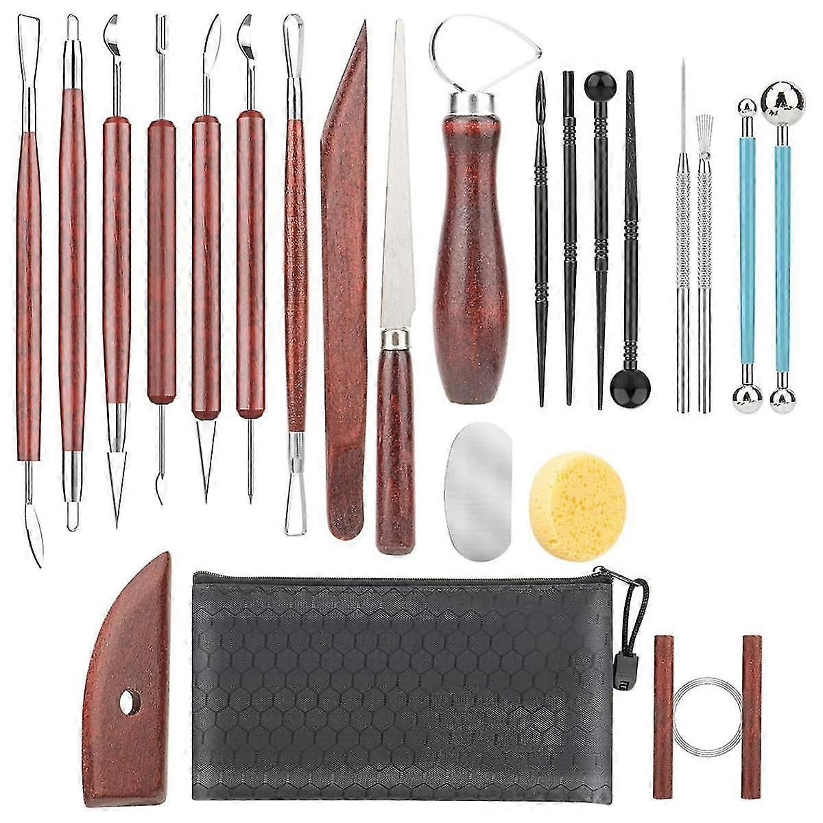 Clay Sculpting Tools, Basic Clay Pottery Carving Tool Kit with Wooden Handles and Tool Bag for Carving, Molding
