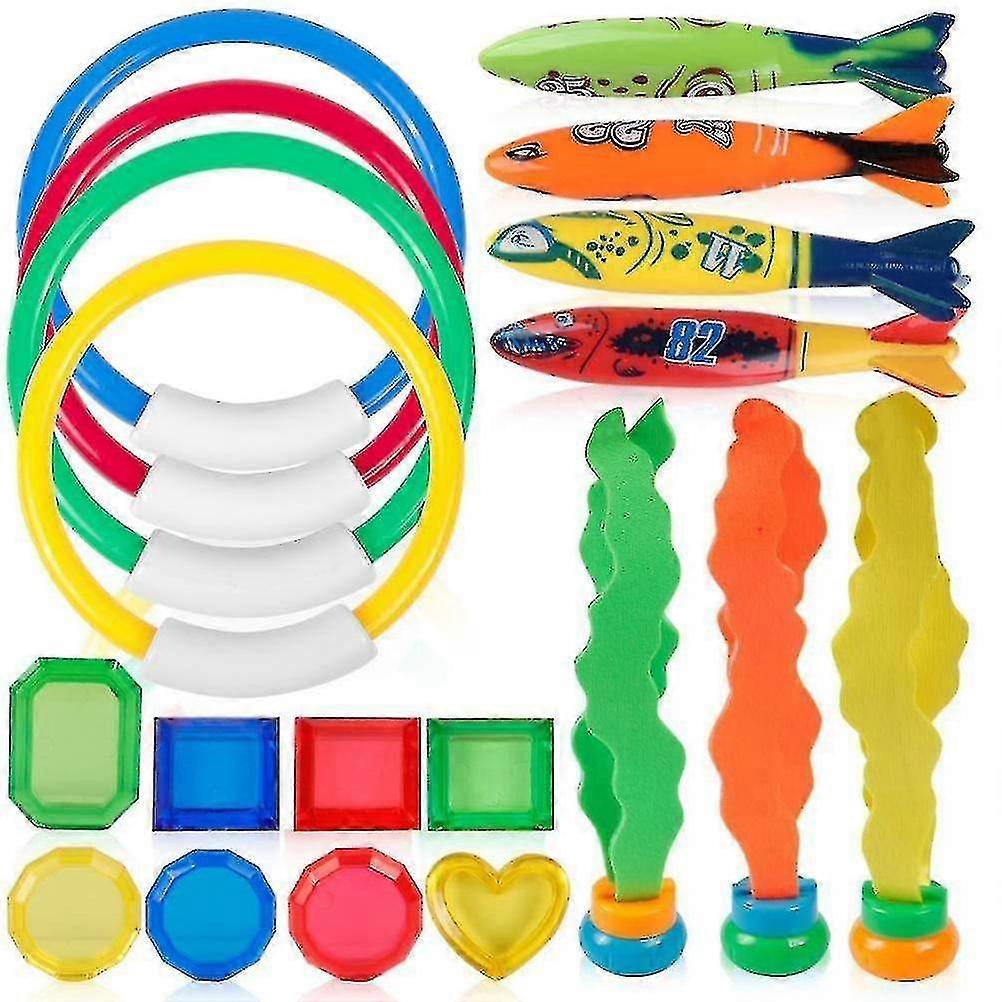 19pcs Swimming Pool Diving Toy Set For Children Summer Underwater Pool Diving Ring Torpedo Seaweed Pool Toy