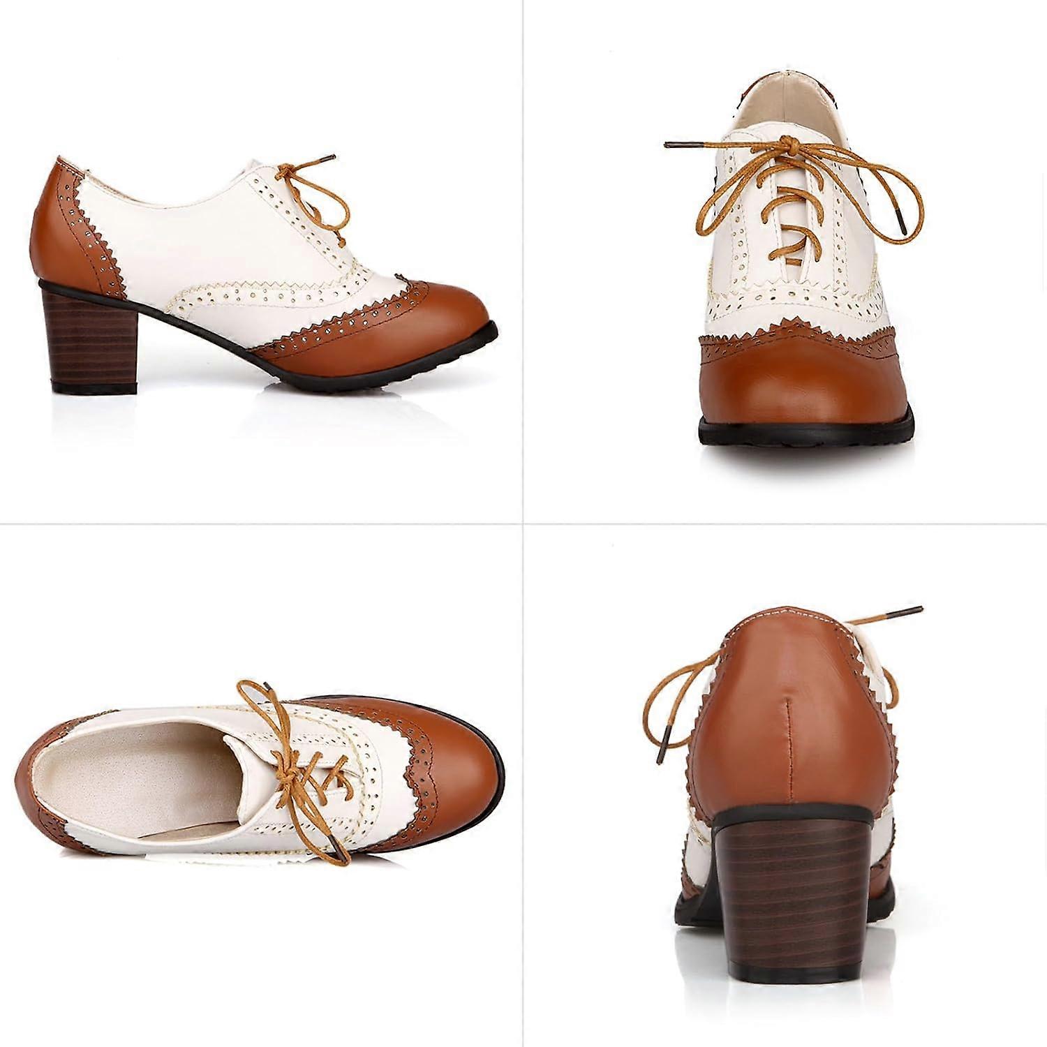 thumbnail image 2 of JITUUE Oxford Shoes For Women Chunky Heels Brogue Leather Saddle Dress Shoes Lace Up Vintage Wingtip Ankle Boots Brown 7 Us 2 of 11