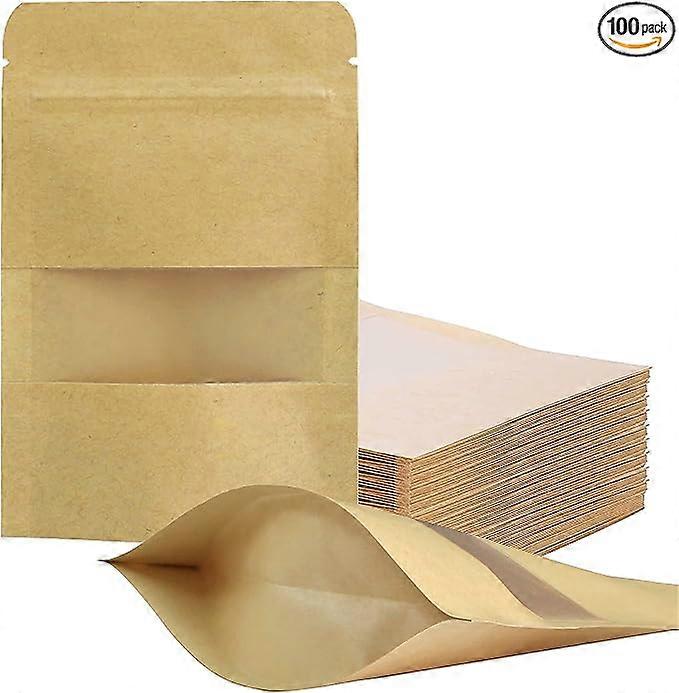 100 Pcs Resealable Bags 3.5" x 5.5" Standing Kraft Paper Bags with Matte Window Ziplock Food Storage Bags for Packaging Reusable Sealable