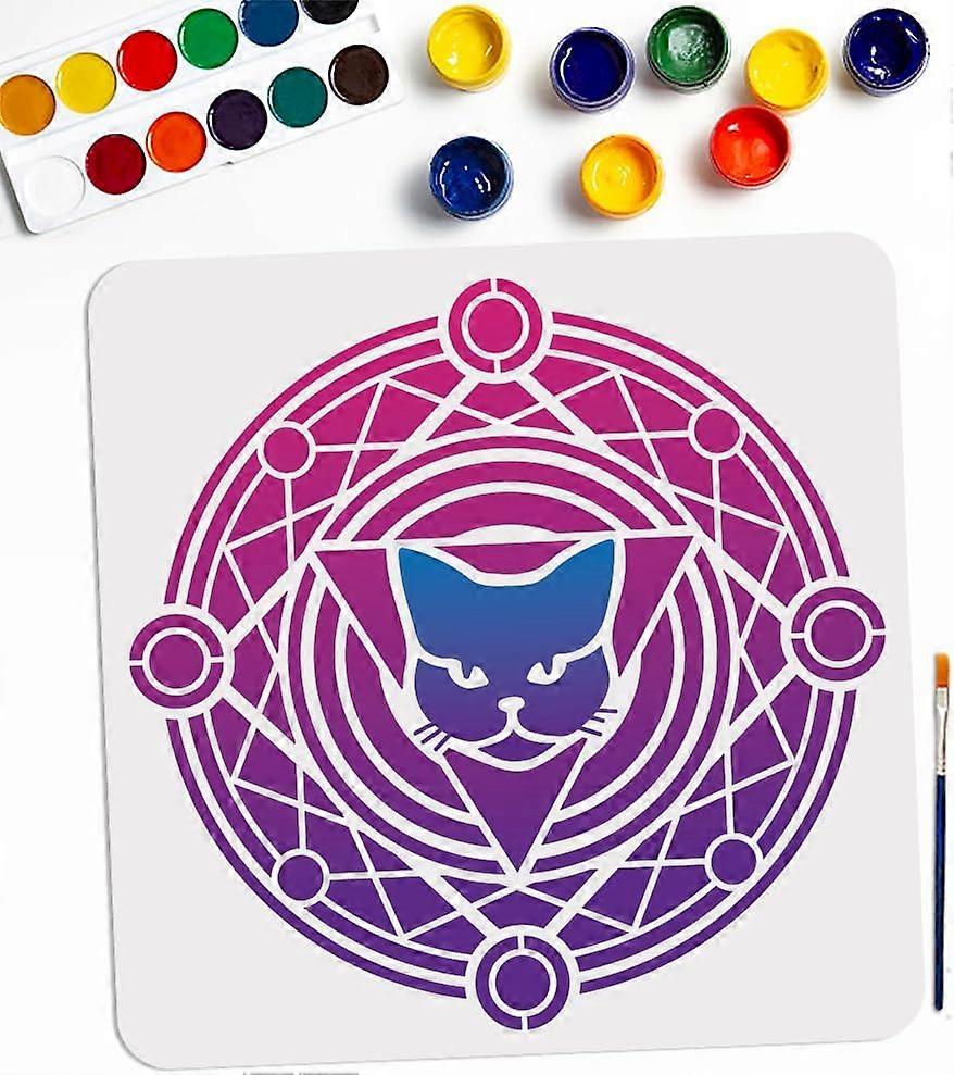 Magic Circle Cat Stencil 11.811.8inch Large Cat Head Divination Template with Paint Brush Mysterious Animal Astrolabe Stencil for Art Crafts Canvas Wa