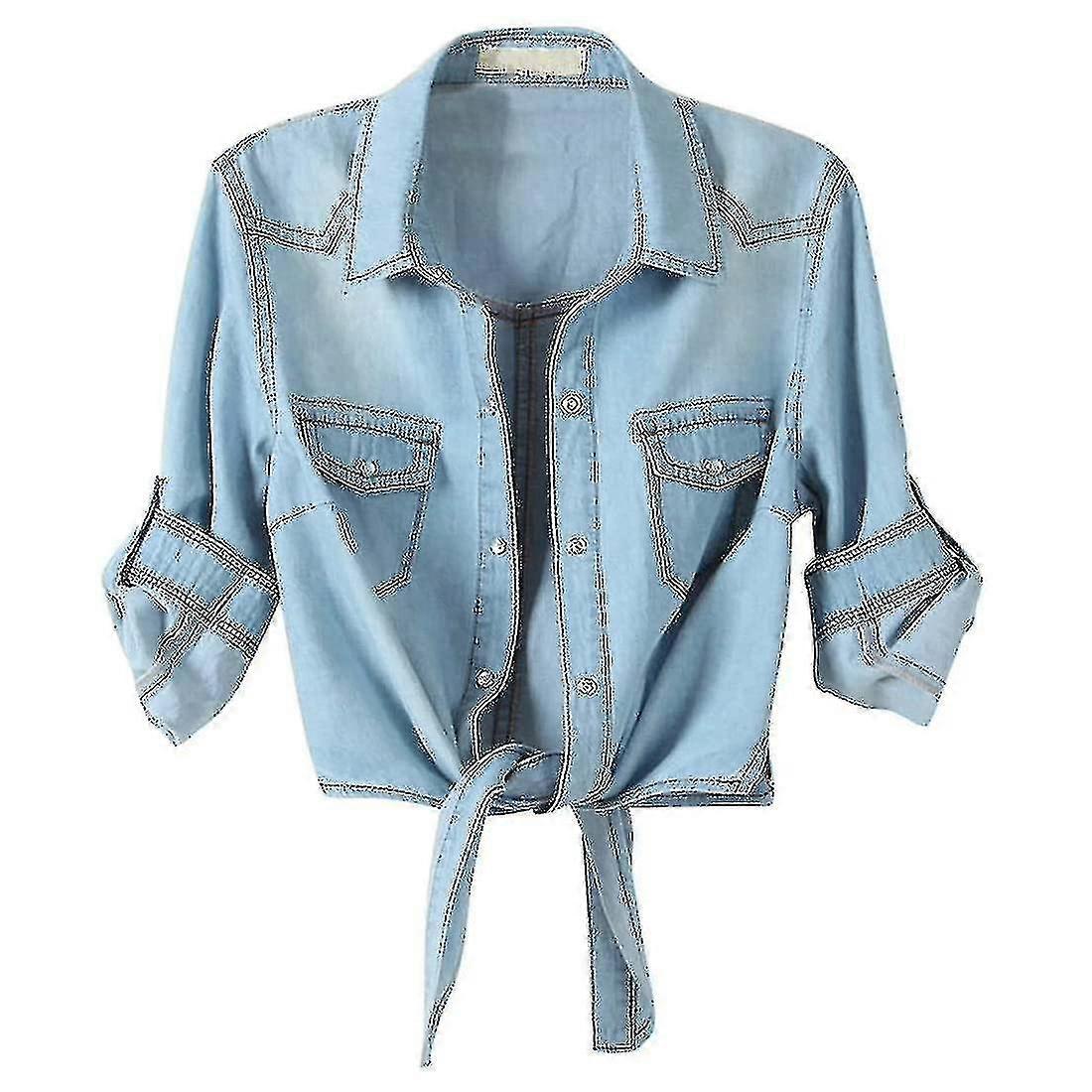 المرأة عارضة 3/4 كم زر أسفل المحاصيل جان أعلى عقدة التعادل الدنيم قميص سترة