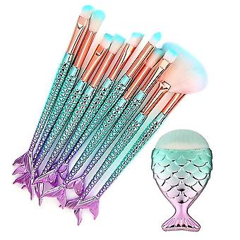makeup børste sett 11 stykker 3d havfrue makeup børste syntetisk kabuki kosmetikk rødme eyeliner pulver børste sett