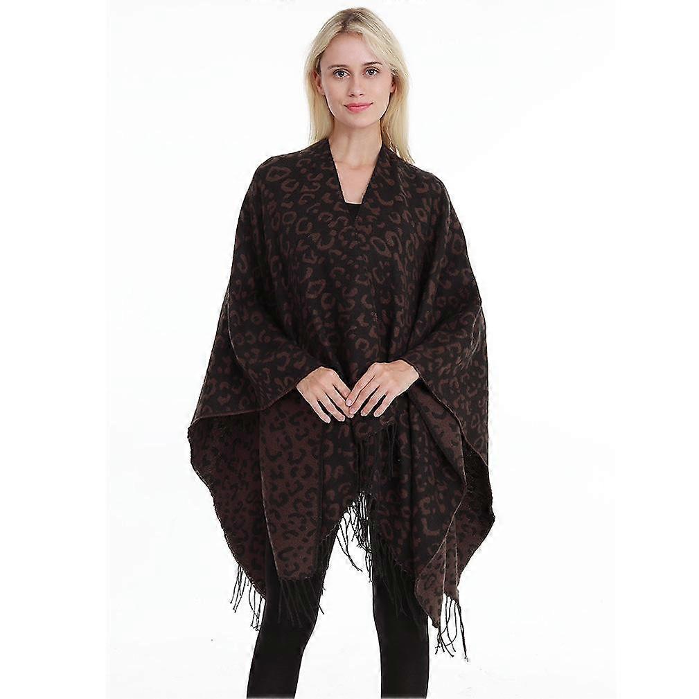 Leopard Print Shawl Wrap Thicken Poncho Warm Cape for Lady