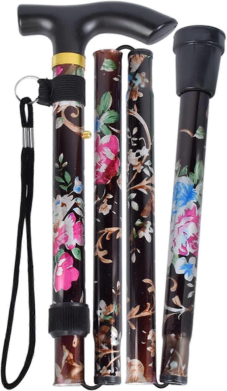 Black - 1 Piece Folding Walking Stick, Flower Aluminum Walking Stick, Adjustable Lightweight Portable Trekking Stick With Ergonomic Non-slip Handle, S