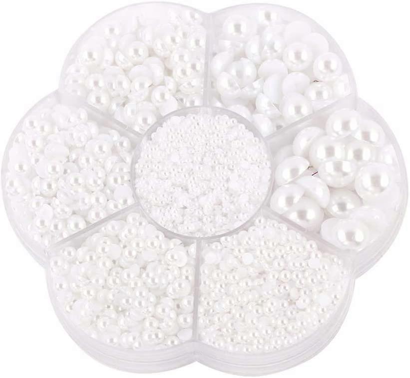 Approx 5600pcs Mixed Size DIY Half Pearl Bead Flat Back Plastic Craft Plastic Box (White)