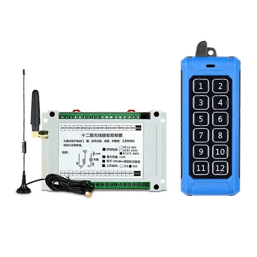 315Mhz/RF433Mhz Wireless Remote Control Switch DC 85V-380V Relay 12CH Receiver Controller and 12Button Transmitter
