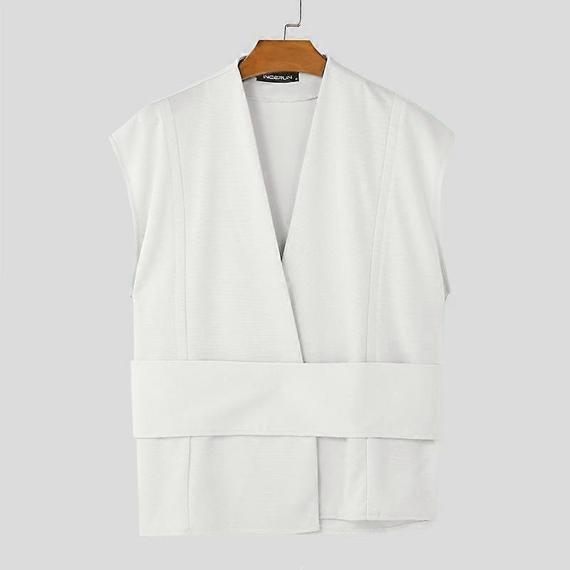 INCERUN Men Front Cross Sleeveless Waistcoats Casual Belt Waist Texture Vest Coats