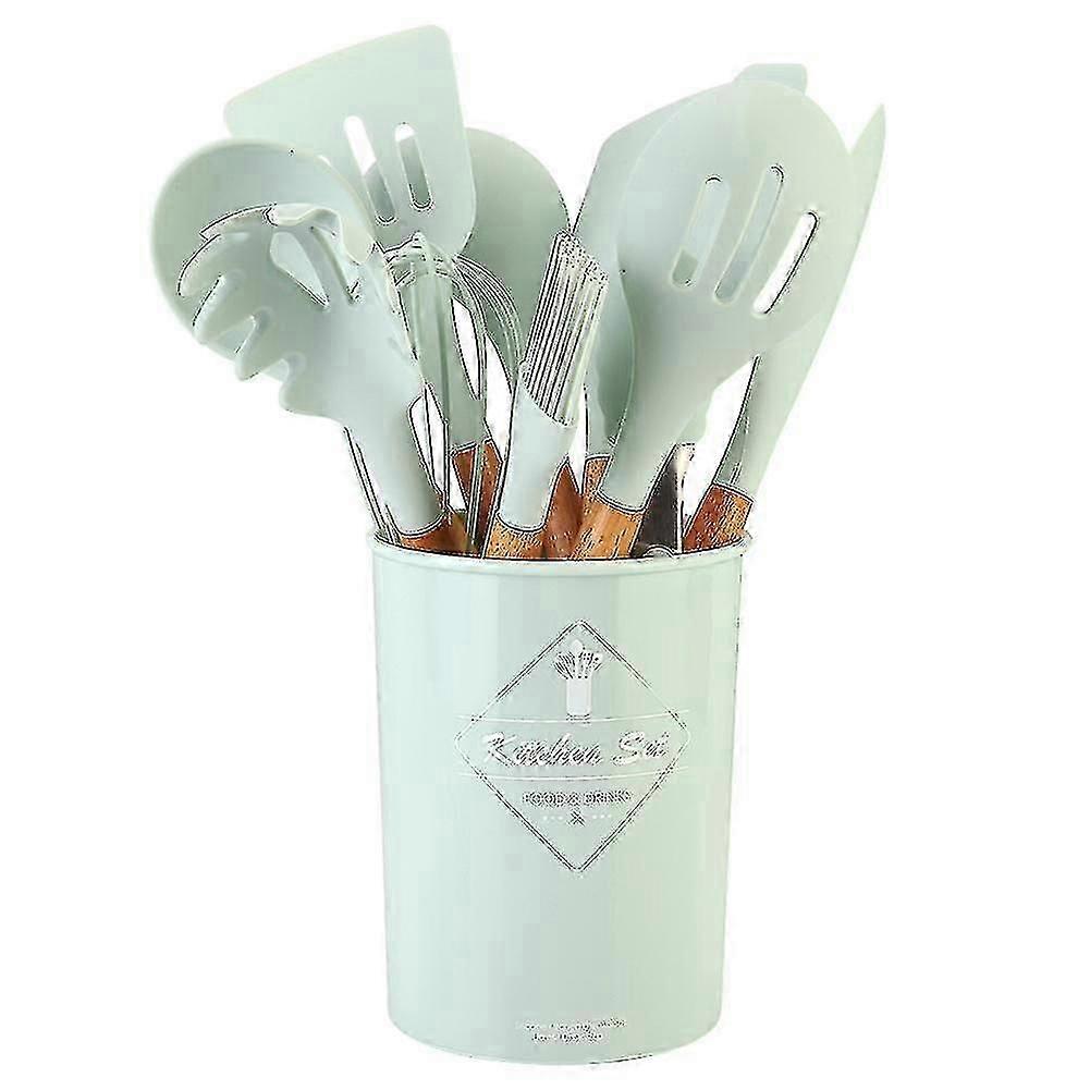 Silicone Kitchen Utensil Set With Storage Bucket - Green, Multi-functional Cooking Tools