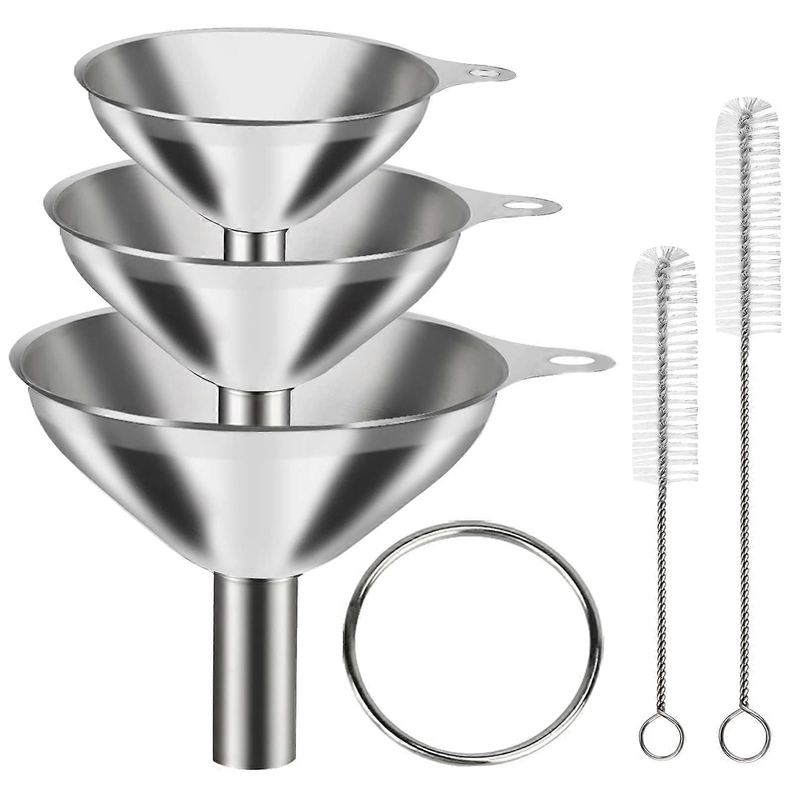 Mini Stainless Steel Funnel Set - 6 Pcs with 3 Sizes for Filling Bottles, Liquor, Spice and 2 Cleaning Brushes