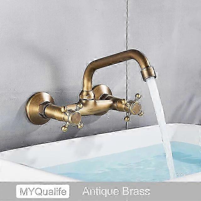 Seinälle kiinnitettävä kylpyhuoneen keittiöhana, kaksoiskahvainen messinkinen antiikkinen kuuman ja kylmän veden hana, 360 astetta kääntyvä pitkänokkainen keittiöhana P20250110627