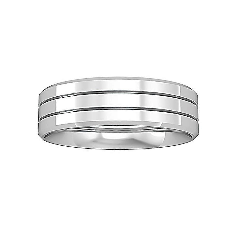 Jewelco London 18K 白金平地双槽斜面戒指结婚戒指 6 毫米