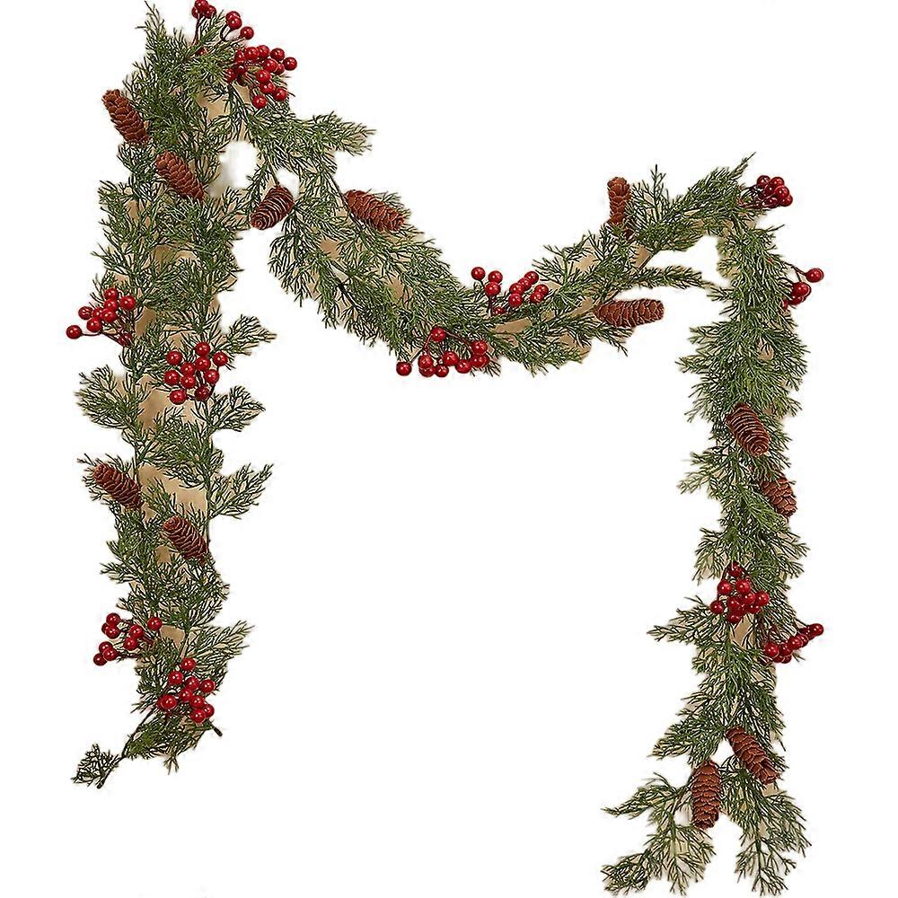 Nneoba Handcrafted 2m Christmas Pine Vine Garland With Red Berries Rattan
