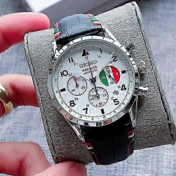 Seiko Herren Casual Quarzuhr Lederarmband Schwarz und Weiß Zifferblatt Automatik Datum Multifunktions-Timer Leuchtmittel Sechs-Nadel