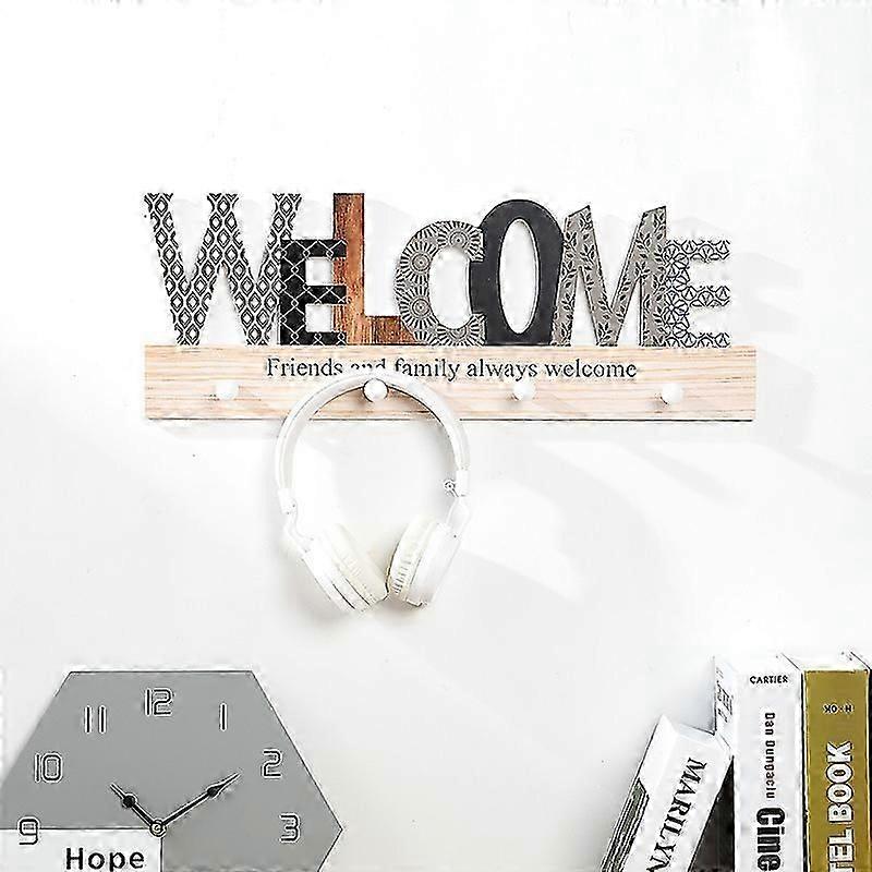 Farmhouse Wall Mount with 4 Metal Hooks, Hanging Rustic Distressed Welcome Sign for Front Door, Decorative Wooden Coat Rack for Home Decor