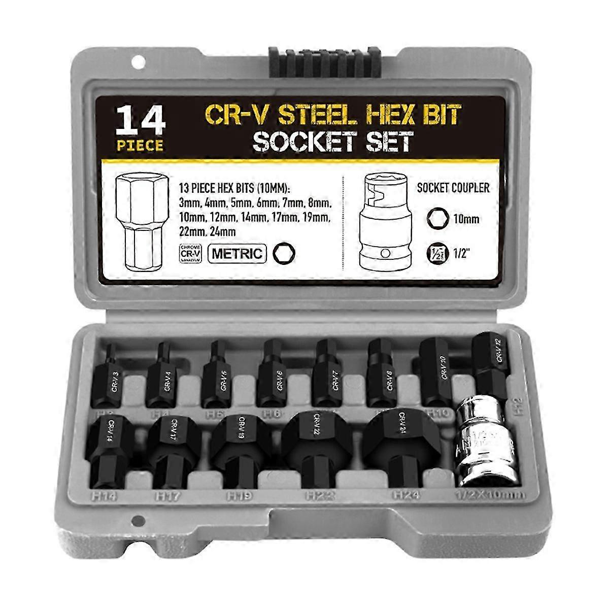 14Pcs Hex Bit Socket Set 3-24mm Key Hex Wrench Tool for Ratchet 1/2 Inch Drive Screw Driver