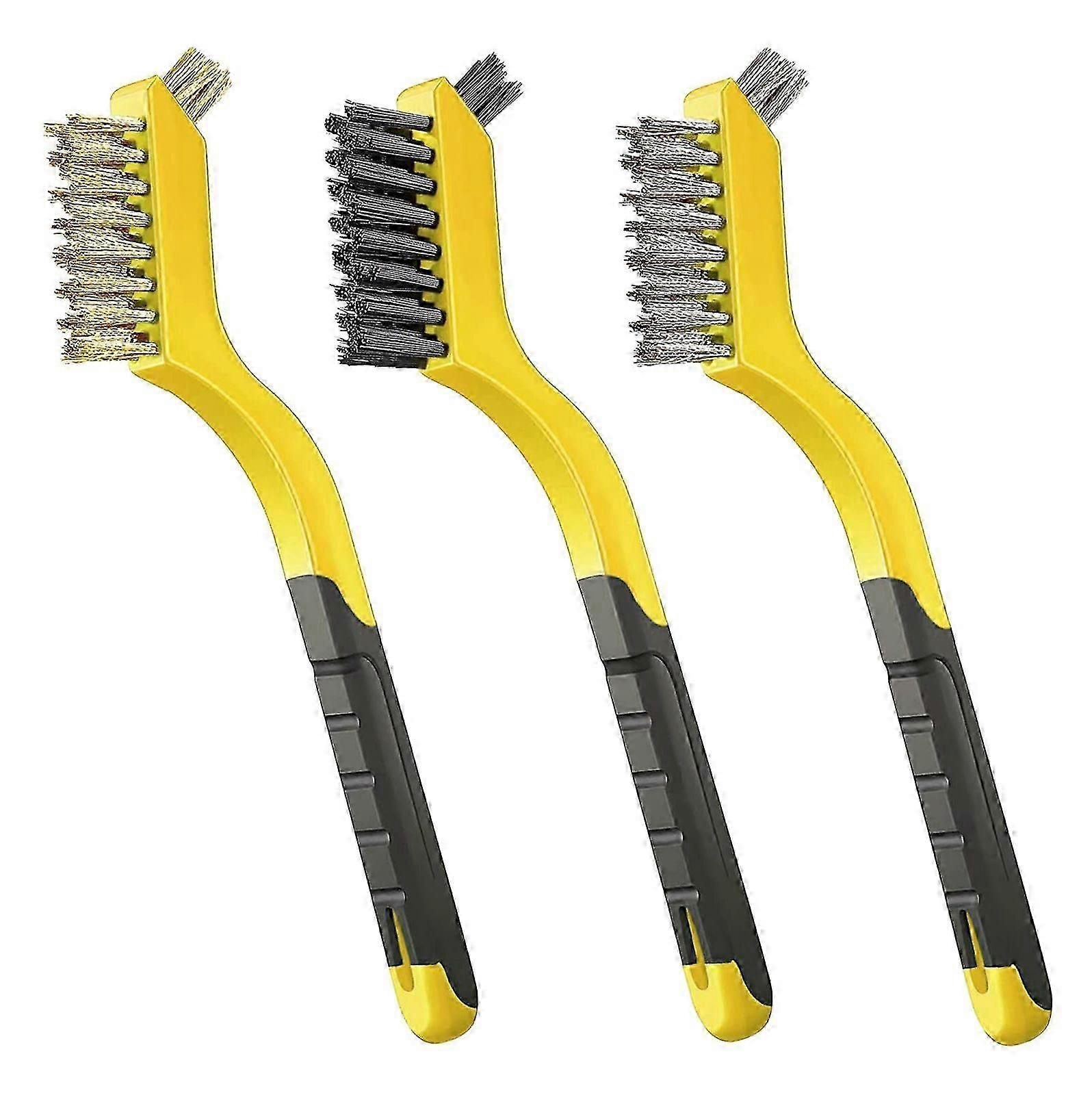 3 Pcs Wire Brush Set Nylon/Brass/Stainless Steel Bristles with Curved Handle Grip for Rust, Dirt &