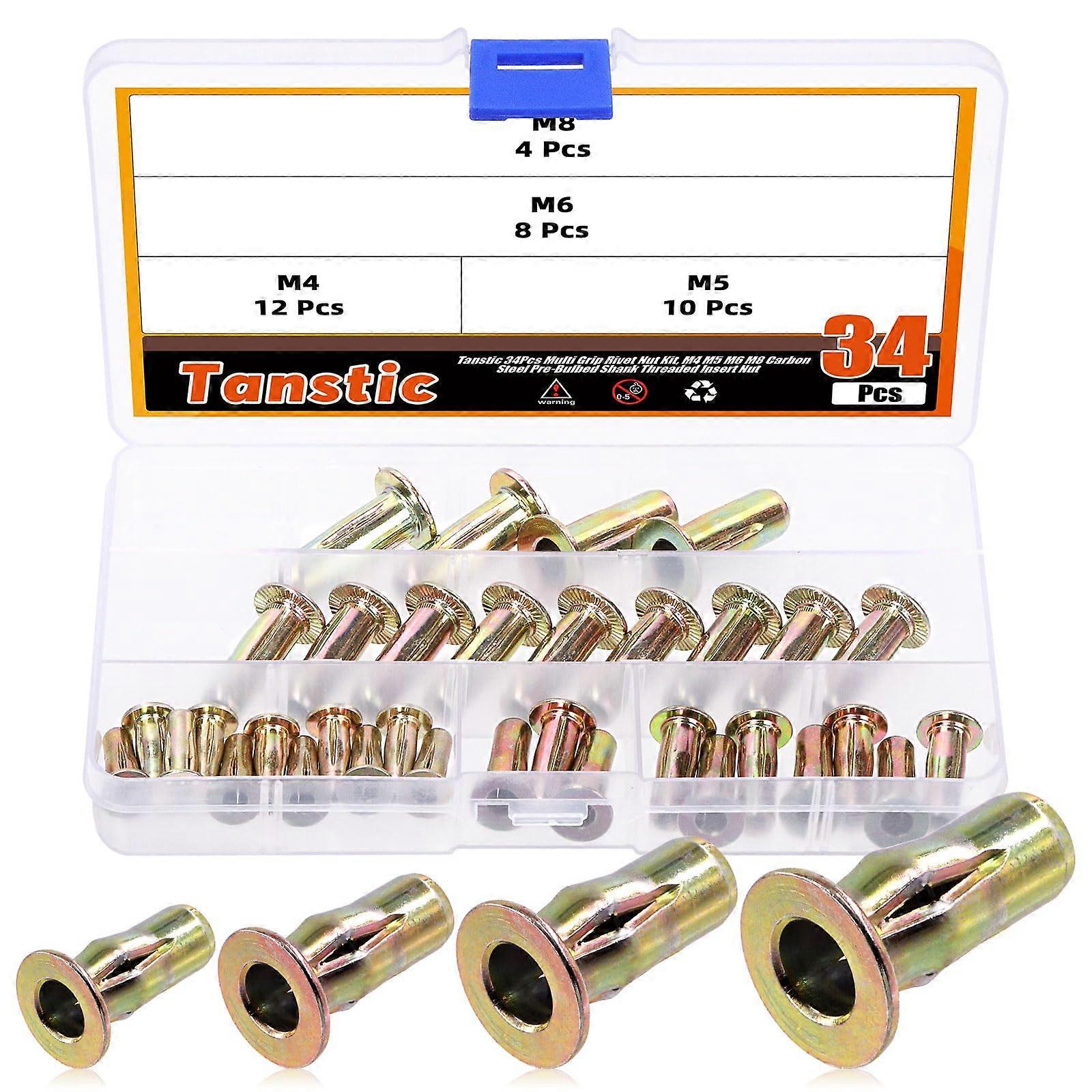 34Pcs Multi-Grip Rivet Nut Kit with Storage Case, M4 M5 M6 M8 Zinc Plated Carbon Steel