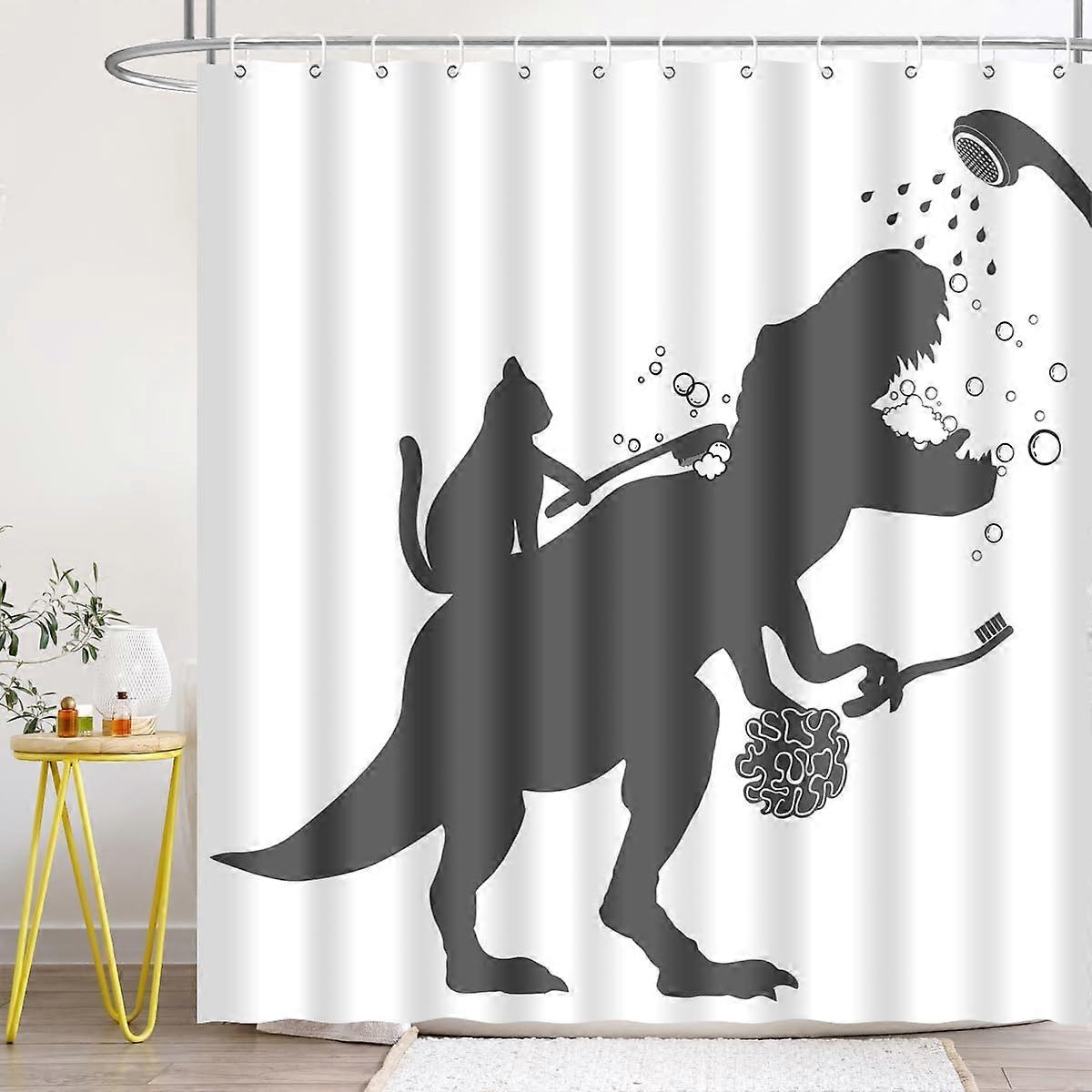 Cat Dinosaur Shower Curtain 72x72 Inch Polyester Fabric Black White Silhouette Shadow With Hooks