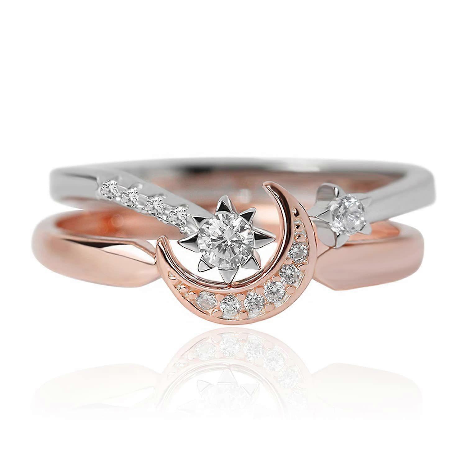 Stackable Silver Moon and Star Ring Set Rose Gold Plated, Women's Adjustable Size