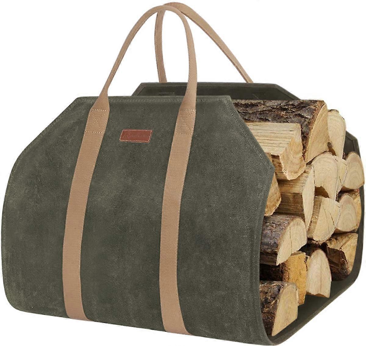 Sturdy Waxed Canvas Firewood Log Carrier, Firepalce Wood Bag with Reinforce Duty Straps Green