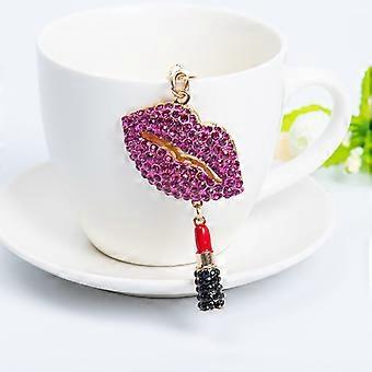 Romantic Sexy Charming Lipstick Lips Shaped Crystal Rhinestone Keychain Key Chain Key Ring Charm Phone Purse Car Bag Pendant Decoration Ornament (Pur