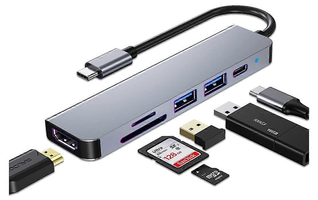 USB C HUB, Multiport USB C Adapter for Macbook Pro & Air Accessories, 6 in 1 Dongle HUB with 4K HDMI, USB 3.0, Gray
