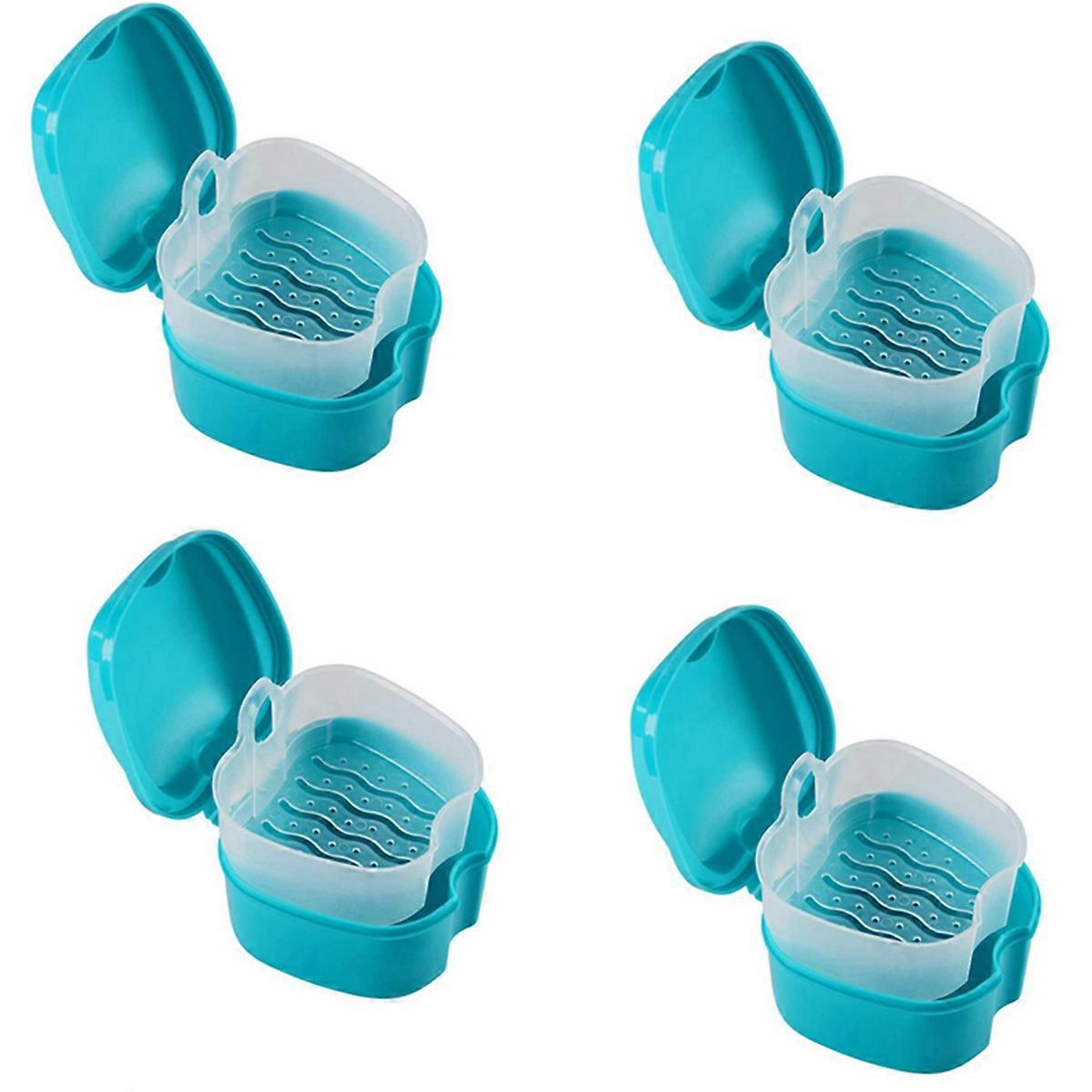 Blue Denture Case, Cup with Strainer, with Net Container Holder