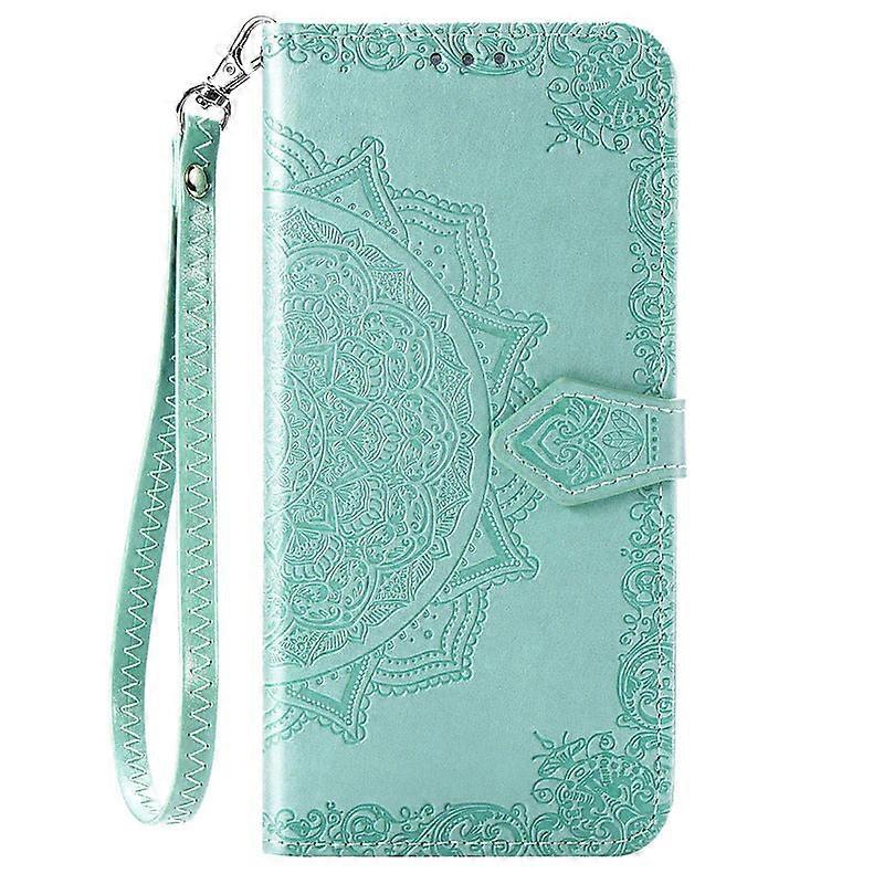 Case For Iphone 13 Cyan Mandala Leather Same Style Short Hand Strap Embossed No522