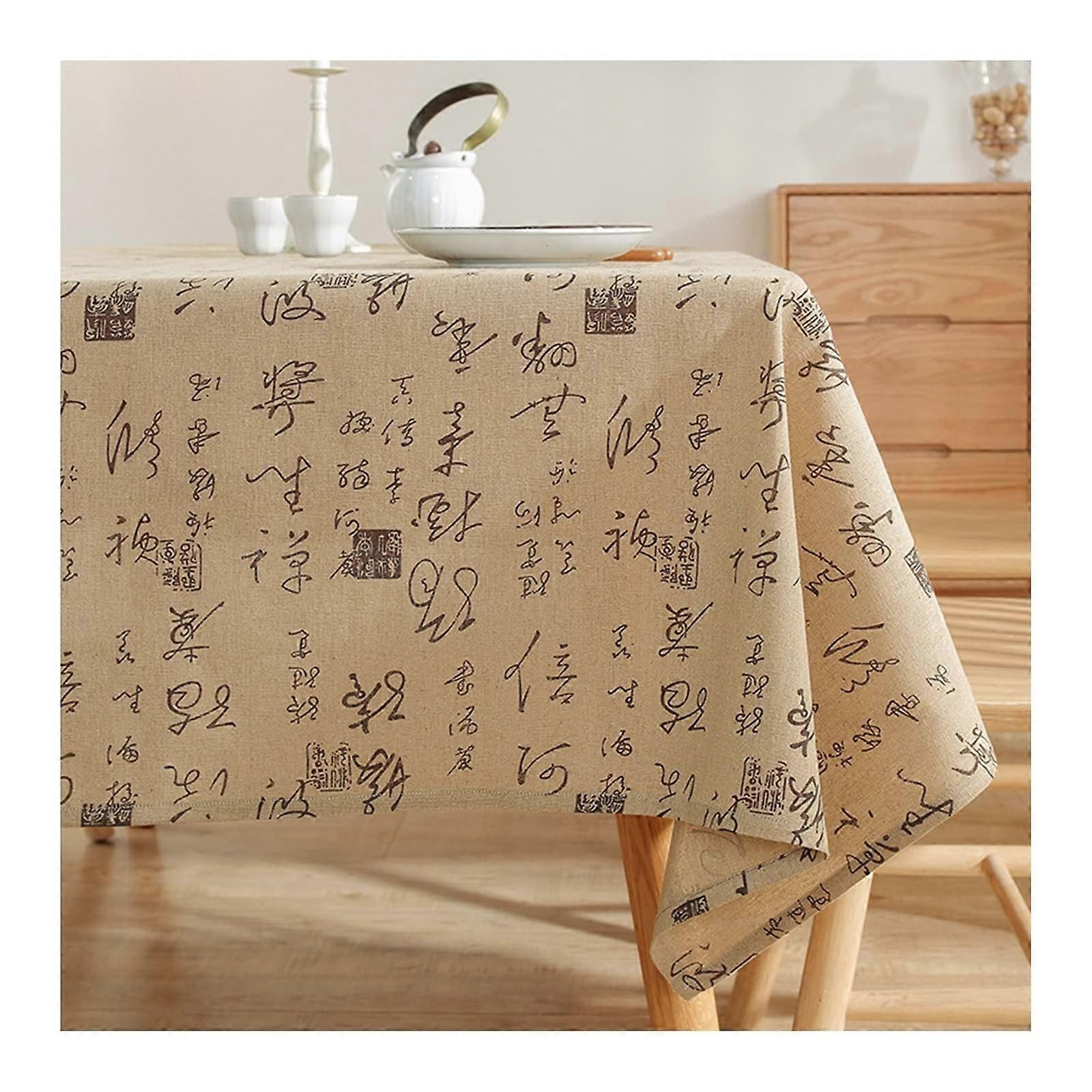 Rectangular Tablecloth, 90 x 90 cm, Cotton Linen, Washable, Chinese Calligraphy Pattern, Khaki