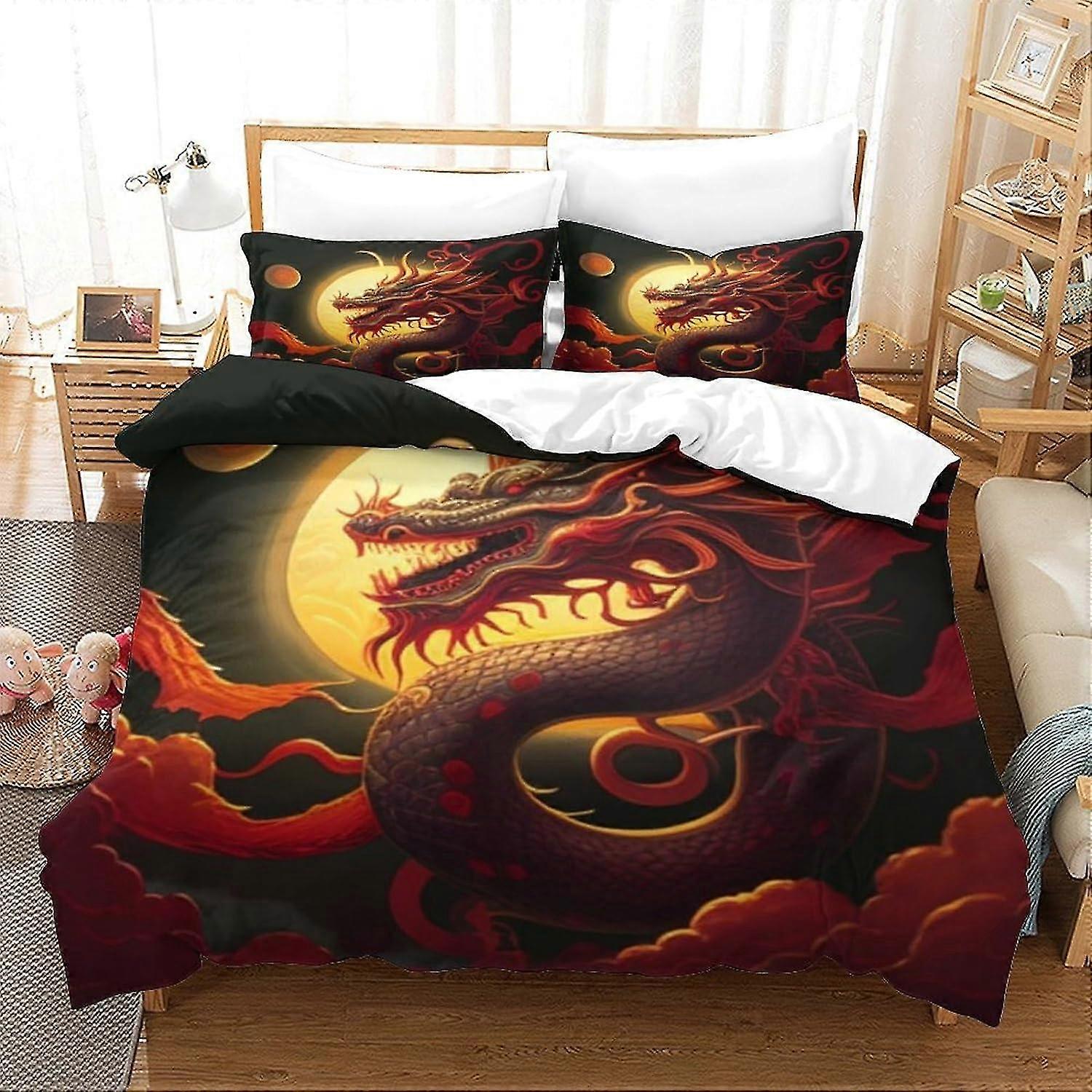 Chinese Dragon Printed Duvet Cover Set Soft Microfiber Bedding Set for Adults and Kids 3Pcs with Zipper Closure for Home Decoration