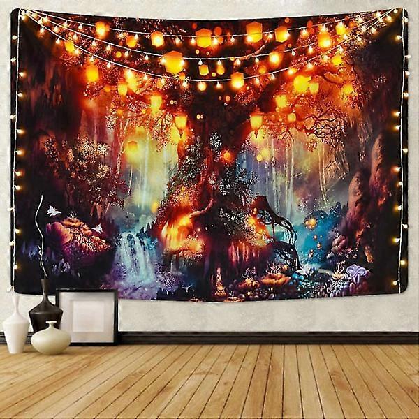 Amazing Forest Tapestry Magic Tree of Life Tapestry Mysterious Glowing Lanterns Tapestry Waterfall Under Old Enchanted Tree Tapestry.