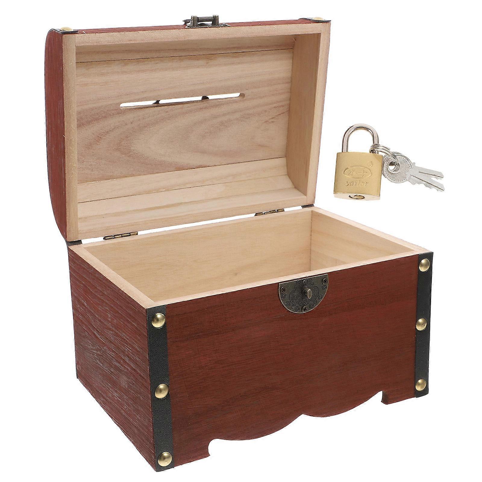 Vintage Style Wooden Piggy Bank Treasure Chest Coin Storage Box with Lock for Savings and Home Decoration