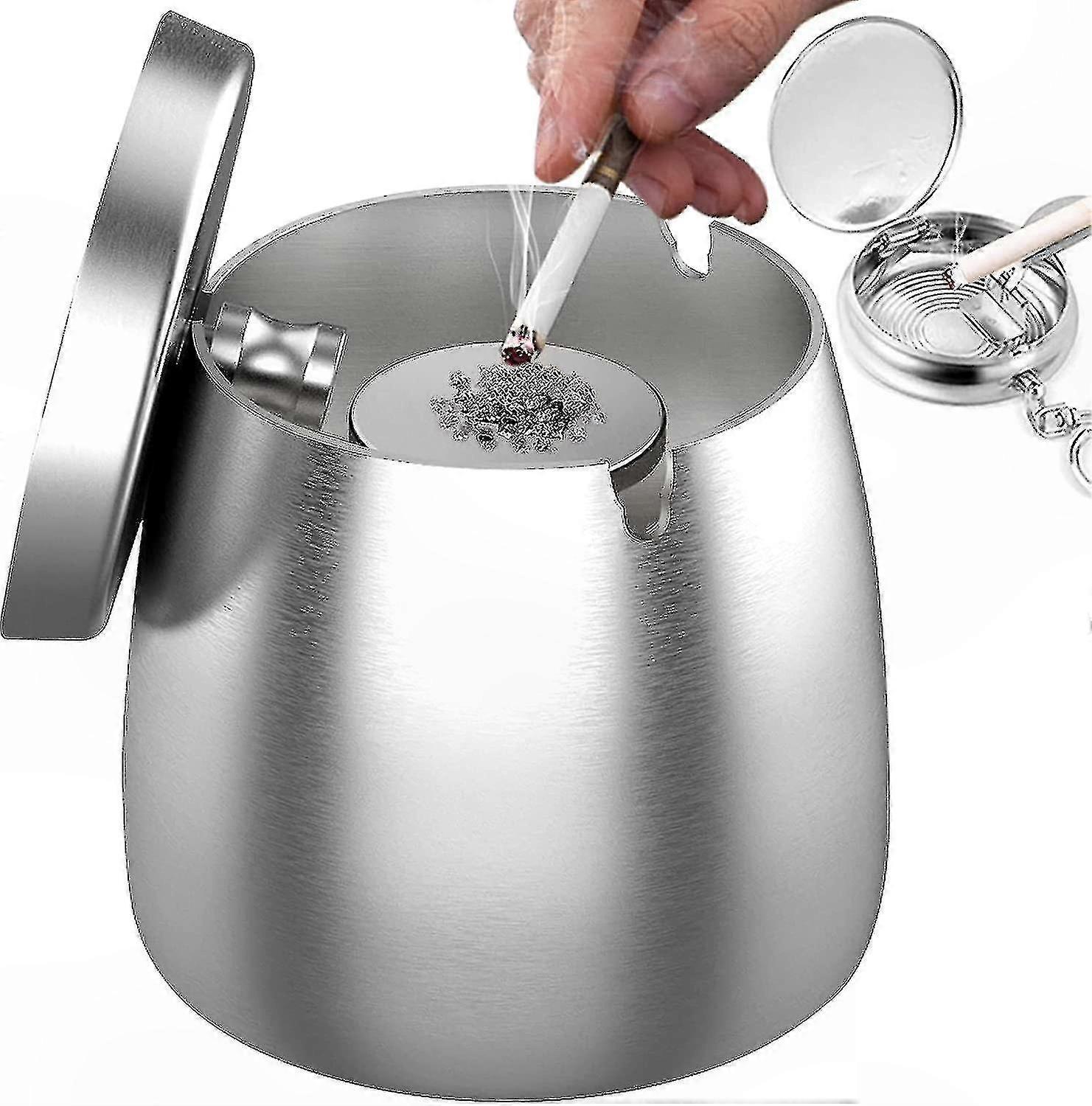 Durable Stainless Steel Ashtray with Cover - Windproof Design, Non-Slip Bottom for Indoor and Outdoor Use