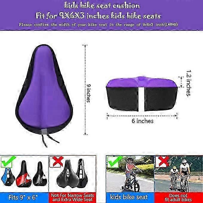 Kids Gel Bike Seat Cushion Cover, 9''x6'' Breathable & Extra Soft Memory Foam Bicycle Saddle PadPurple