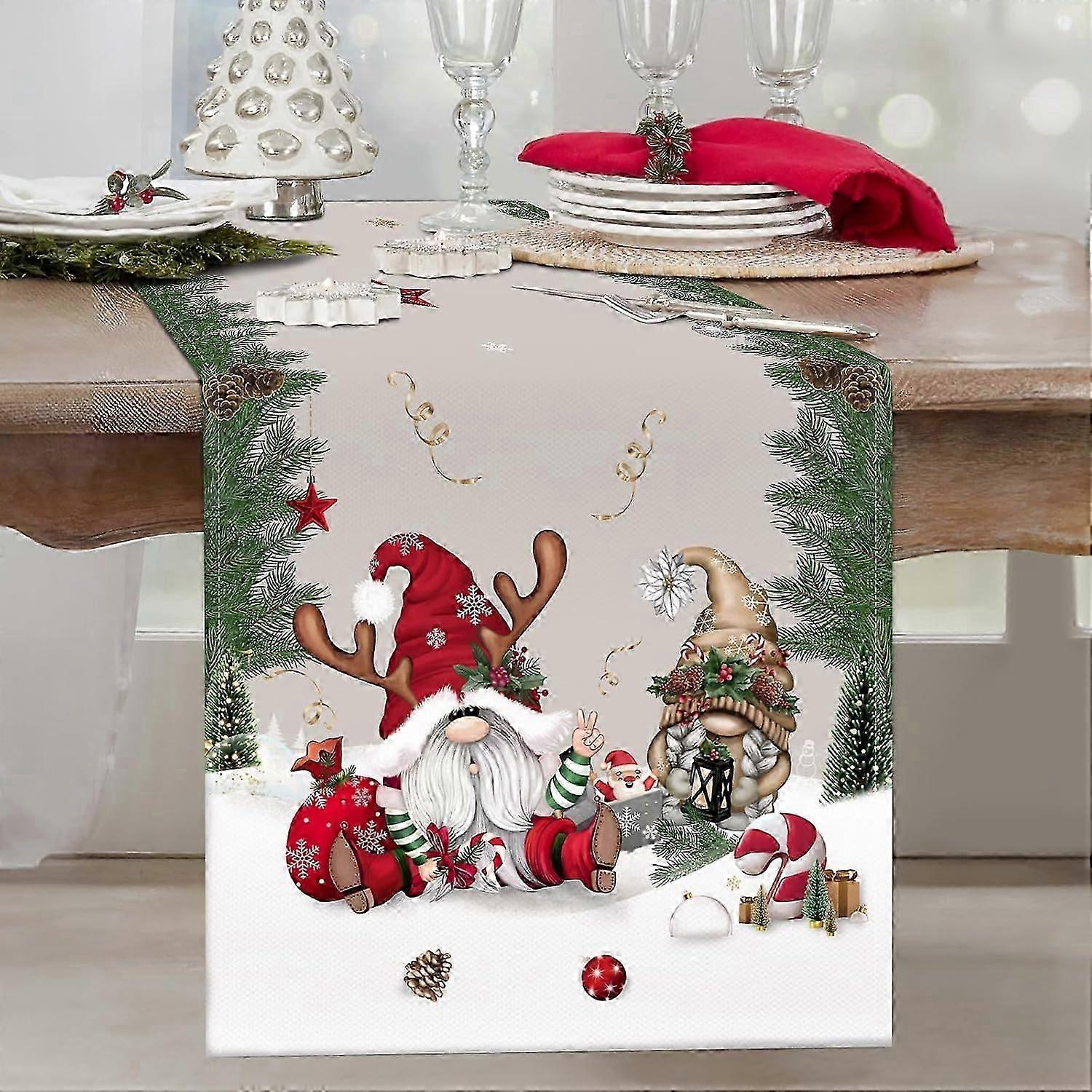 Christmas Gnomes Table Runner 13x72 Inch Pine Branches Seasonal Winter Holiday Kitchen Dining Table Decoration