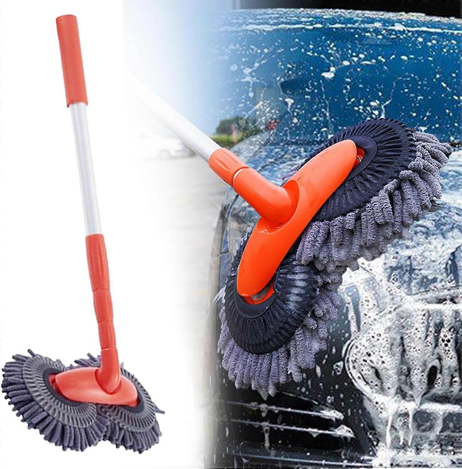 Car Wash Mop With Long Handle, Double Head Microfiber Rotating Car Cleaning Brush For Windshield Body (1pc)