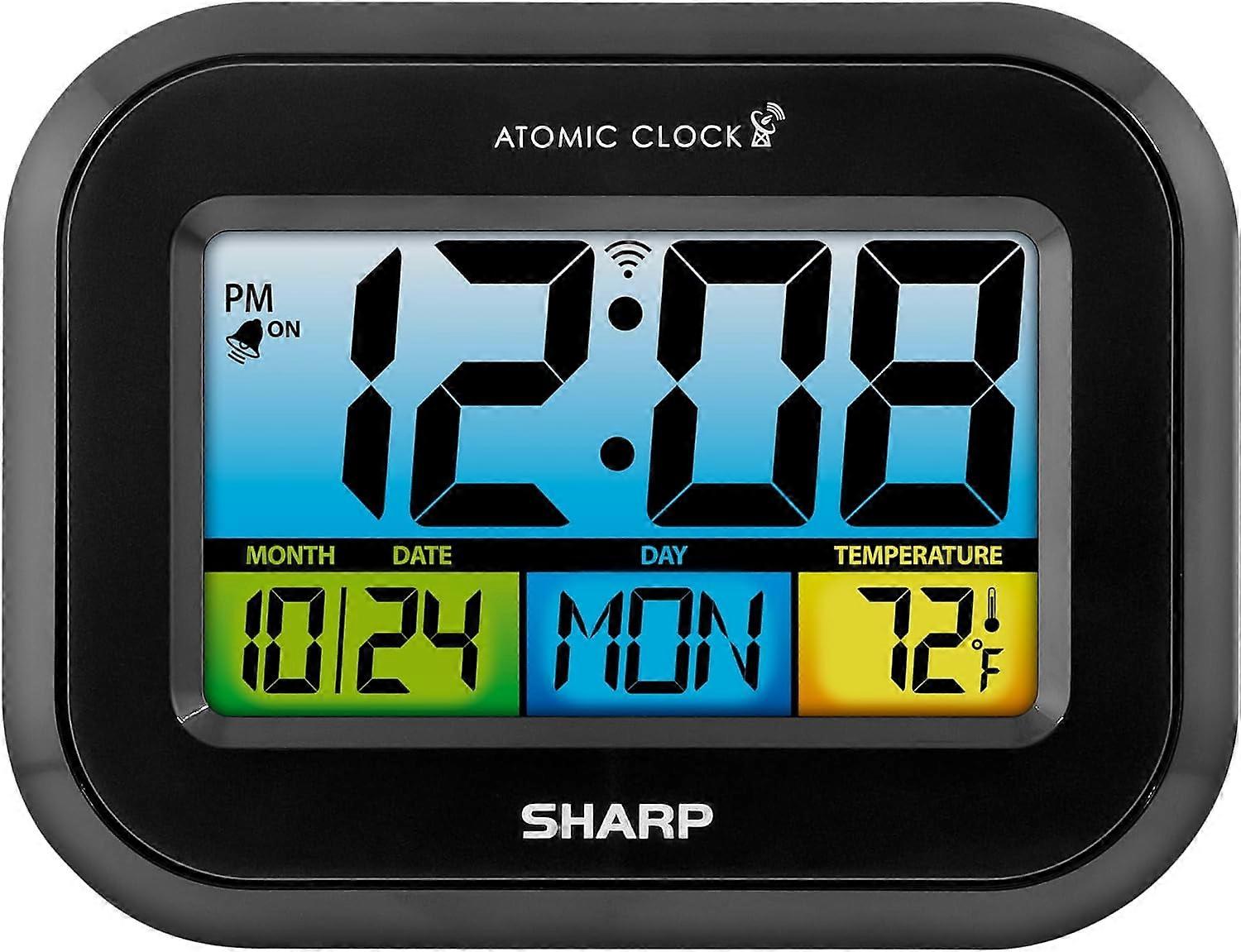 Compatible with SHARP Atomic Digital Alarm Clock, Battery Operated Self-Setting Clock for Wall/Desk, Color Display, Nightlight, Temp & Calendar