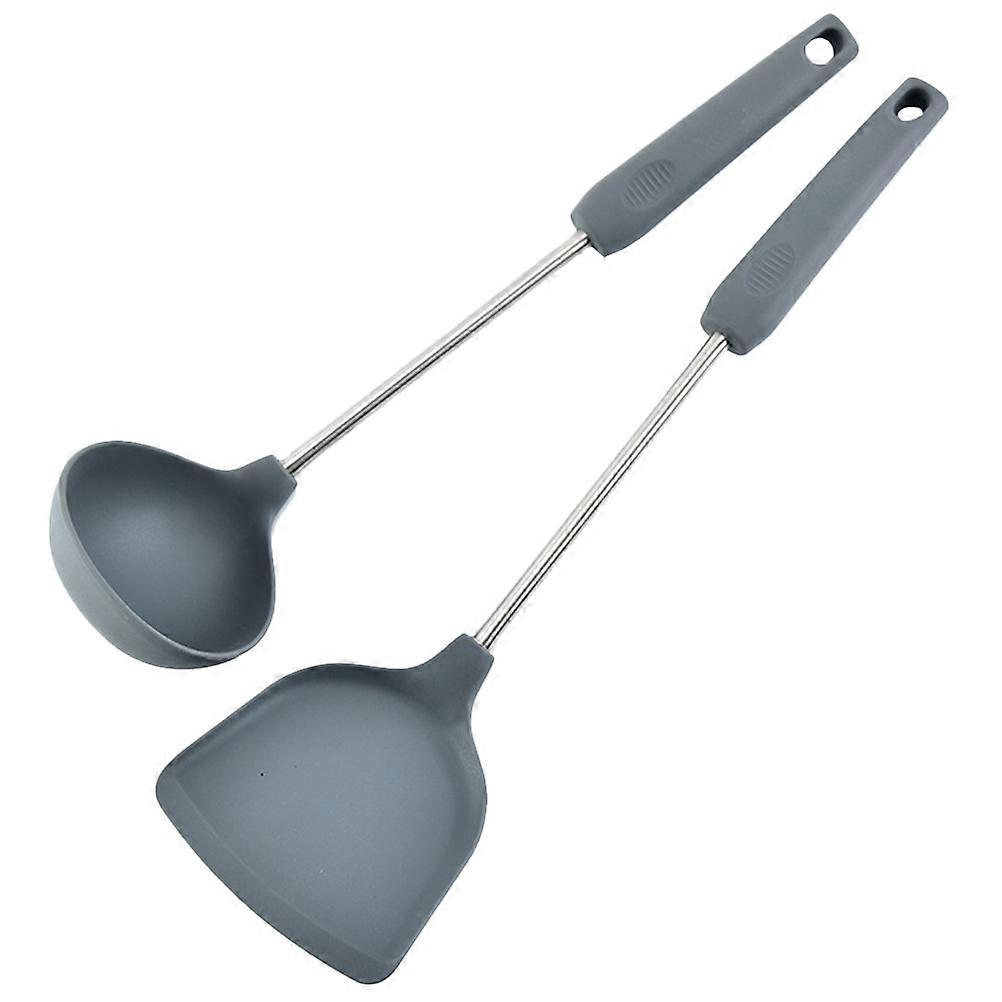 Solid Silicone Cooking Utensils Set 2 Pcs Dark Grey Practical Cooking Spatula Spoon For Home Kitchen Use