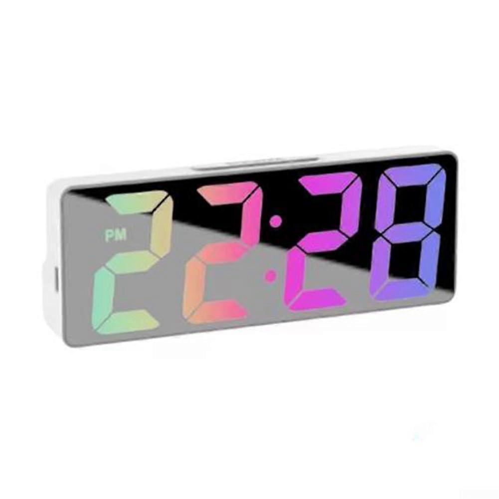 Smart LED Alarm Clock With Color Screen Dimming 12/24 Time Temp C/F Night Light Reflective Mirror Colorful White