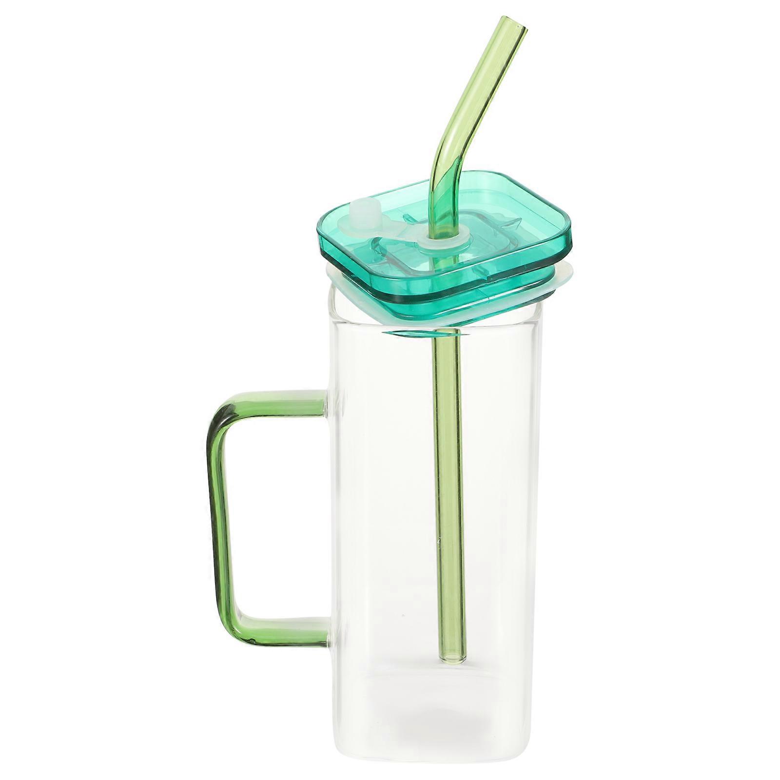 4Sets of Square Glass Cups for Iced Coffee with Handle and Green Color