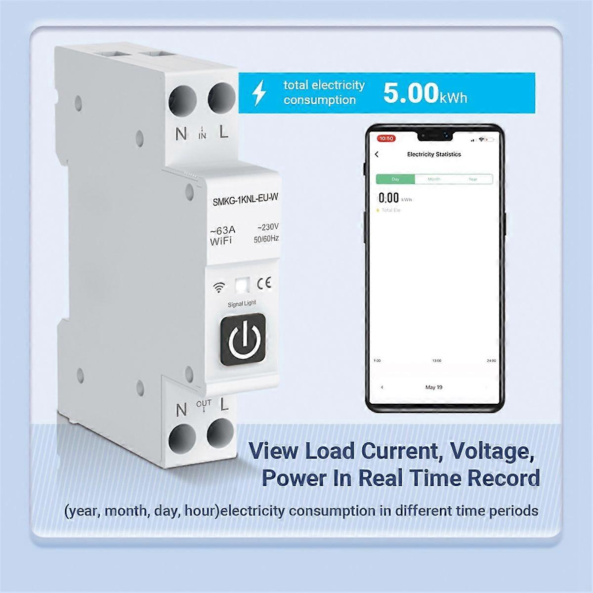 Tuya WIFI Smart Circuit Breaker 1P+N 1A-63A Adjustable DIN Rail with Metering Work with Smart Life A