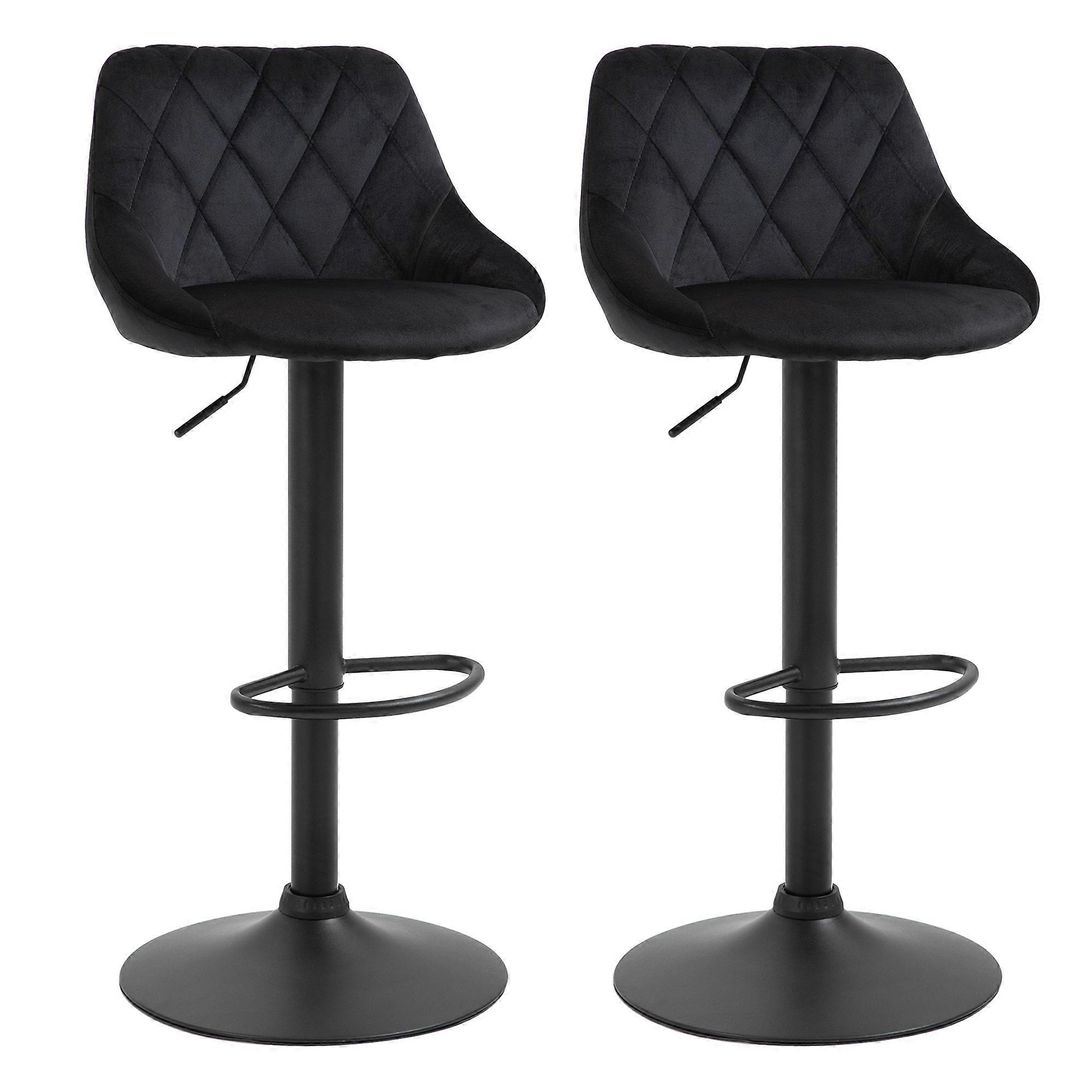 2Pc Black Adjustable Height Bar Stools Velvet Metal Backrest Footrest